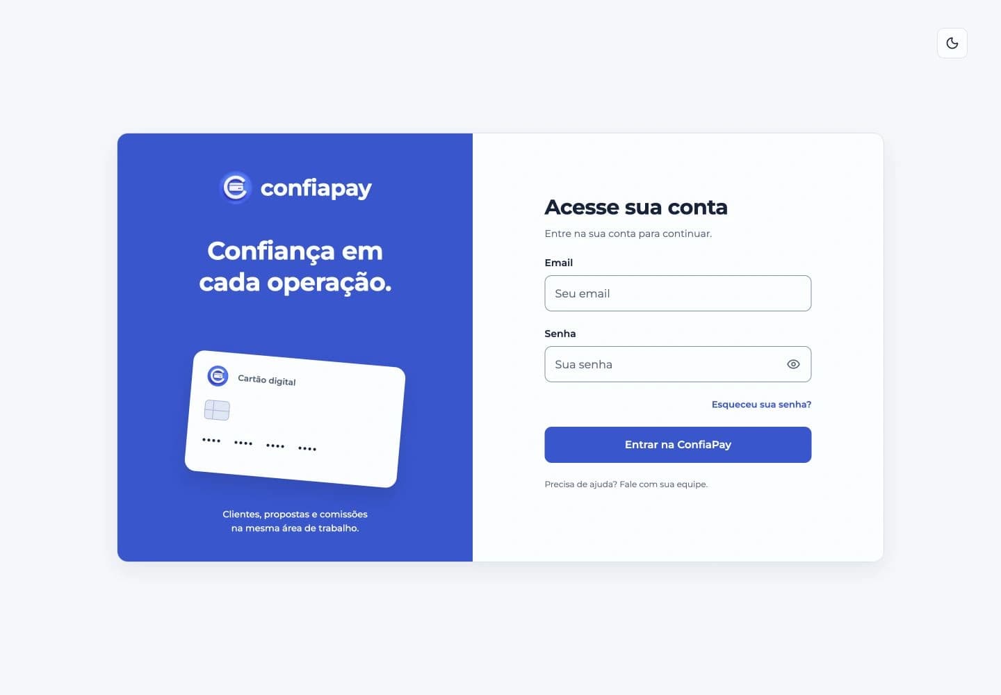 ConfiaPay public sign-in page with empty email and password fields.