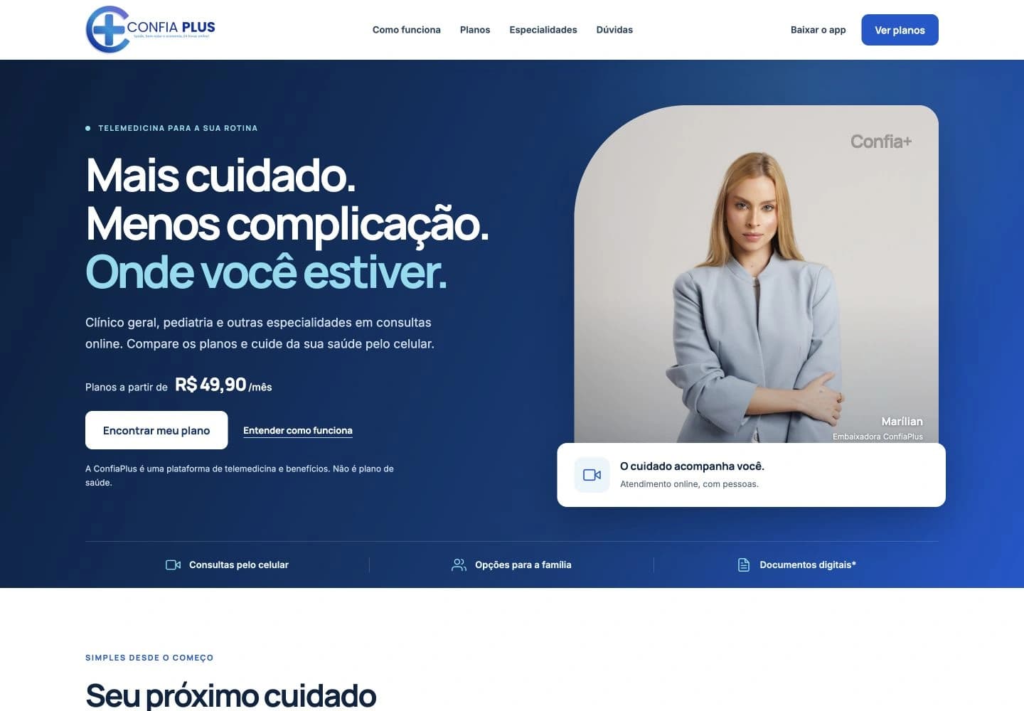 ConfiaPlus public website introducing telemedicine, plans, and access to the application.