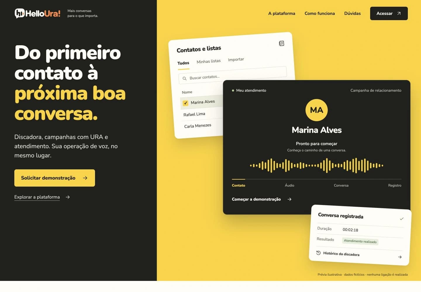 HelloURA public website presenting contacts, a call, and history through an illustrative demonstration.