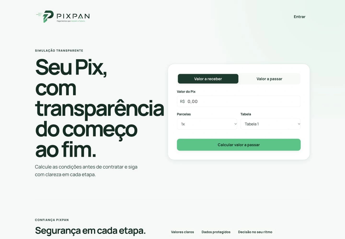 PixPan public website with its amount and installment calculator in the initial state.
