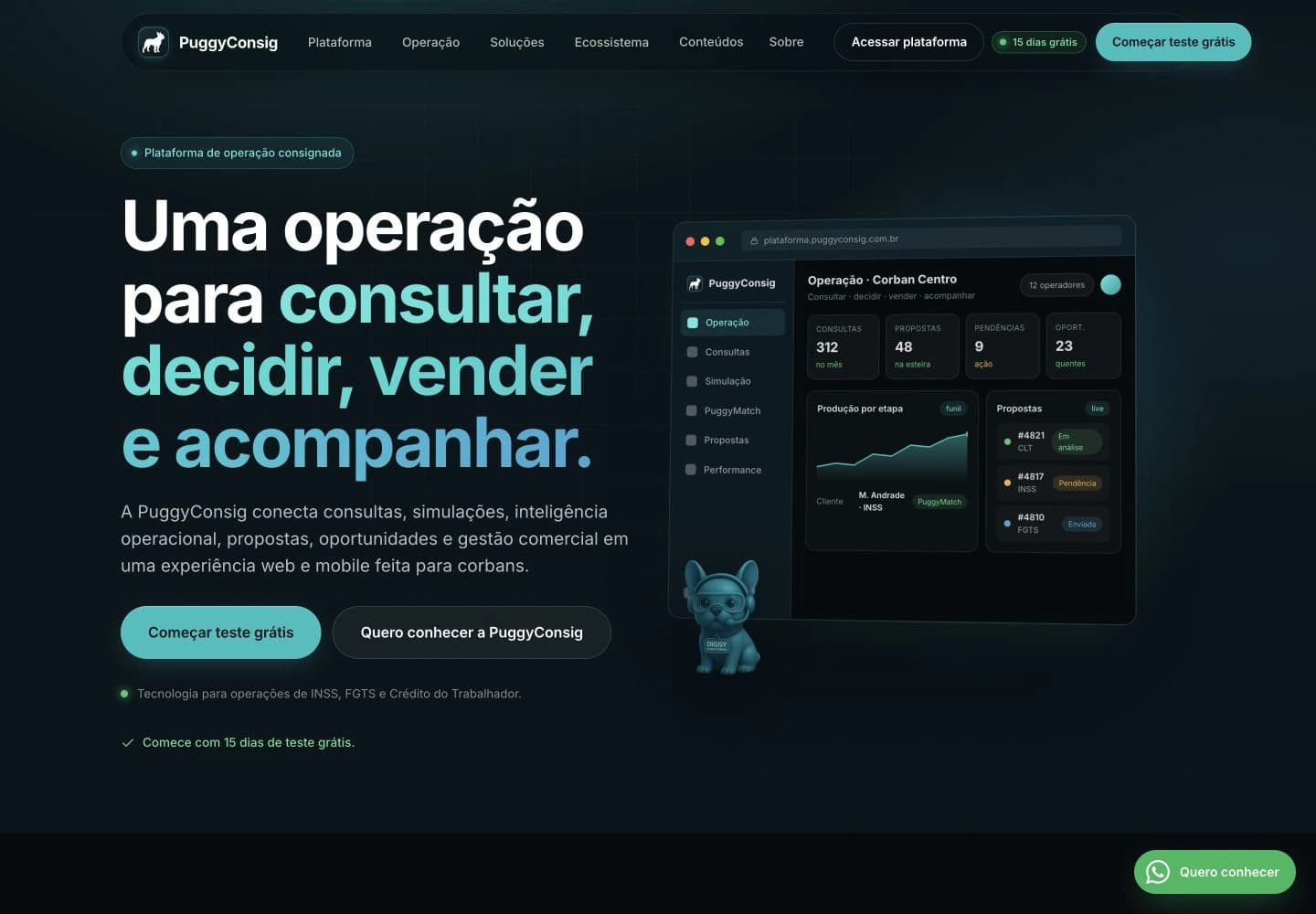 PuggyConsig public website introducing the operation and an illustration of its dashboard.
